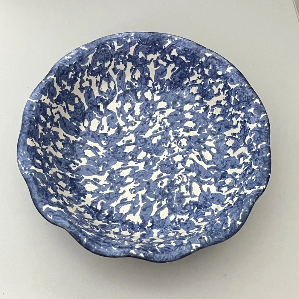 Conner Prairie Pottery Bowl  9.5in Blue White Spatter Scalloped 1998
